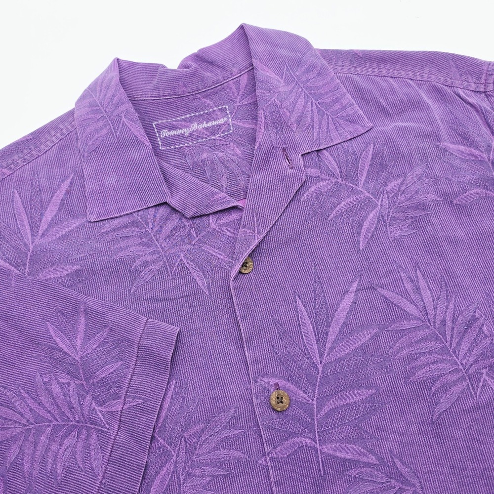 Tommy Bahama Mens Medium Purple 100% Silk Jacquard Palm Leaf Camp Shirt